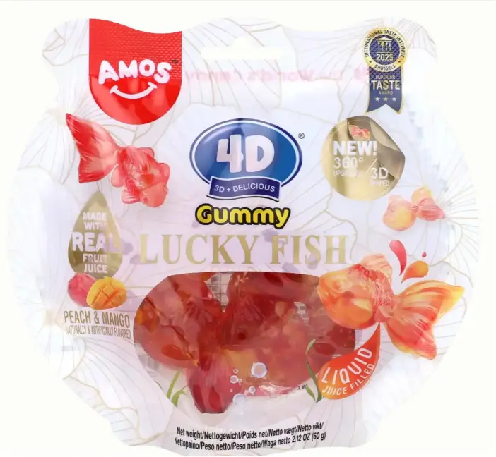 Amos 4D Gummy lucky fish peach and mango flavor 60g